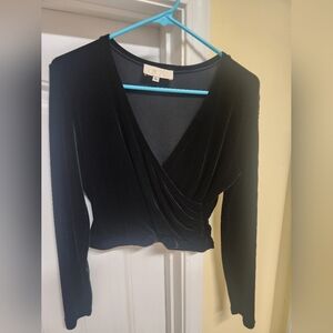 Vintage Cache Black Velvet Wrap Crop Top | Long Sleeve | Size L | Y2K